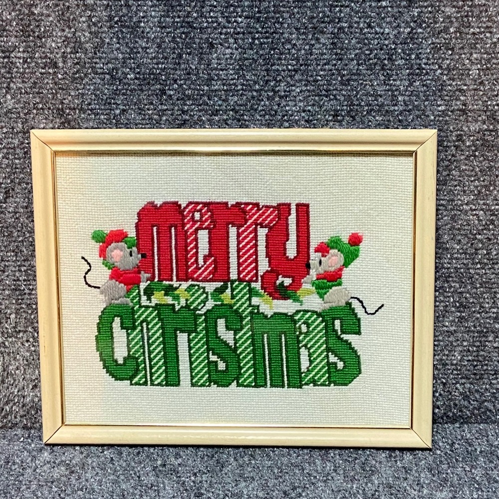 Vintage Merry Christmas Mice Needlepoint Framed Wall Art Red Green Holiday Decor